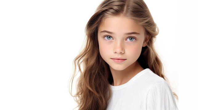 photo portrait of a beautiful young caucasian white American model teen girl looking forward. child ad with copy space, children, beauty, pretty