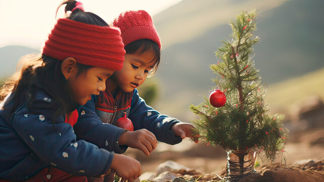 Two Young Latin Girls Decorating A Small Christmas Tree Outdoors On A Summer Day. Generative AI.