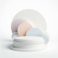 Fototapeta premium White podium stand, 3D cylindrical pedestal display isolated on white background. 