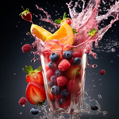 fruit cocktail ,a glass filled with fruit and juice , gems for fruit, amazing food photography, styled food photography, blender, colorful coctail, 