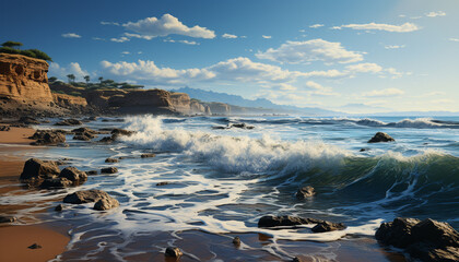 Tranquil seascape waves breaking on rocky coastline, nature idyllic beauty generated by AI