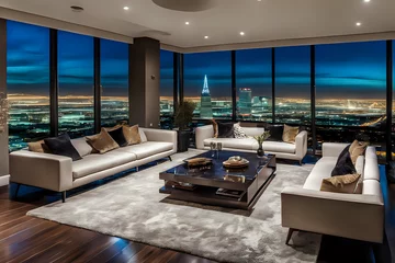 Fotobehang Luxurious penthouse in Las Vegas. Modern living room with night city view and big windows © indofootage