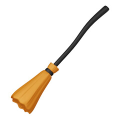 The witch's broom cute Halloween-themed icon on a white background is used for Halloween decoration, 3D illustration.