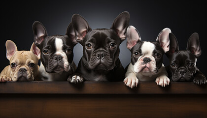 Cute French bulldog puppies sitting together, looking at camera generated by AI - obrazy, fototapety, plakaty