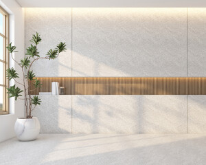 Morning light in Japandi style living room decorated with minimalist shelf cabinet and wood slat wall. Granite texture wall and Granite texture floor, Green indoor plants. 3d rendering