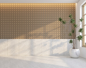 Morning light in Japandi style empty room decorated with wood texture wall and granite texture wall, granite texture floor and green indoor plants. 3d rendering