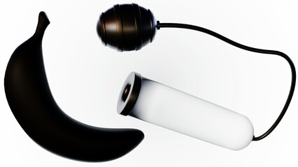 Male Penis Enlarger Pump with black banana in the white background 3d rendering