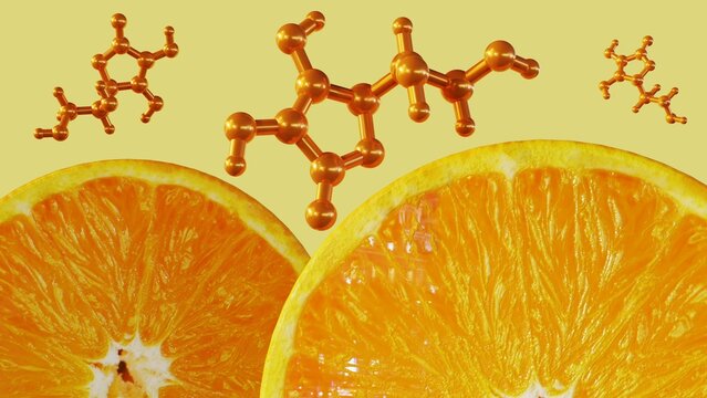 Ascorbic acid or vitamin c molecule with half cut orange fruits 3d rendering