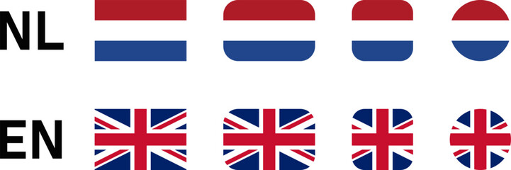Flag Icon Set including UK United Kingdom and Netherlands Flags for English and Dutch Language Selection Symbol Button. Vector Image.
