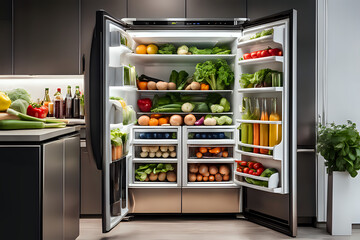 Opened luxury refrigerator filled with lots of different types of vegetables and drinks in it's door, with a shelf full of vegetables in the luxury kitchen room. Close up