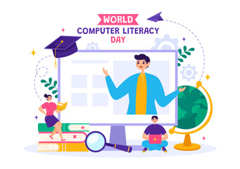 World Computer Literacy Day Vector Illustration on December 2 with Book and Media Equipment in Education Holiday Cartoon Hand Drawn Templates