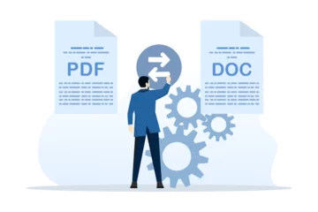 Fototapeten Concept of converting PDF to document file. Convert PDF. PDF converter from jpg, Screen with the conversion process or conversion of documents to other formats. Mobile converter technology. © FAHMI