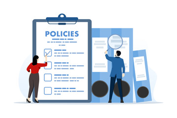 Concept of regulatory compliance rules for office employees to achieve business goals, moral standards and productivity, company policy board list with checklist. flat vector illustration. - obrazy, fototapety, plakaty