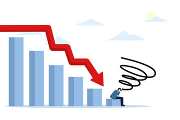 financial and economic crisis concept. Businessman feeling disappointed with descending graph symbol. bankruptcy, unpaid loan debt, investment failure. flat vector illustration on white background.