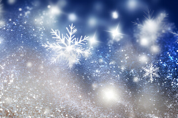 Winter Wonderland: Sparkling Snowflakes on Glittery Blue Bokeh Background
