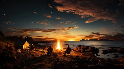 Tuinposter High resolution 16:9 illustration of people camping around a bonfire on the beach on a beautiful night.AI generated © jkjeffrey