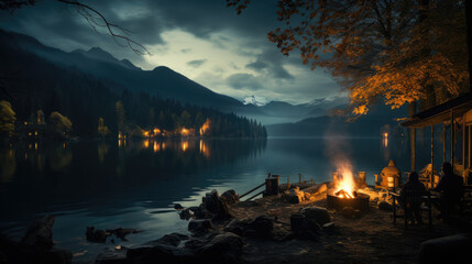 High resolution 16:9 illustration of people camping around a campfire on a lake and mountains on a beautiful night.AI generated