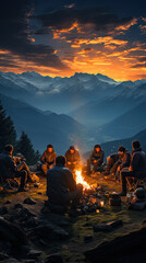 High resolution 9:16 illustration of people camping around a bonfire high in the mountains on a beautiful night.AI generated
