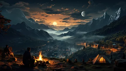 Tuinposter High resolution 16:9 illustration of people camping around a bonfire high in the mountains on a beautiful night.AI generated © jkjeffrey