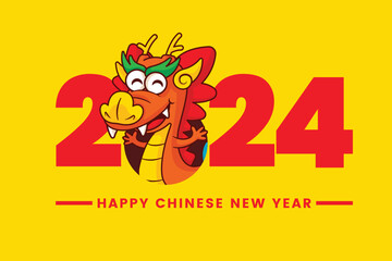 Cartoon cute chinese dragon zodiac greeting chinese new year 2024 on yellow background. Year of the dragon