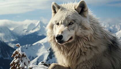 Obraz premium Majestic wolf in snowy landscape, eyes focused on camera generated by AI