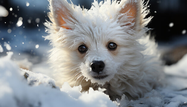 Cute puppy sitting in snow, looking at camera, playful and wet generated by AI