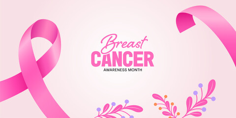 Breast cancer awareness campaign banner background with pink ribbon. Vector illustration.
