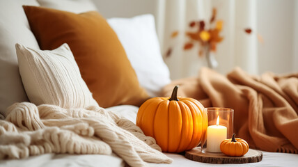 Beautiful cozy autumn fall-palet interior of a bright bedroom with pumpkins and candles.