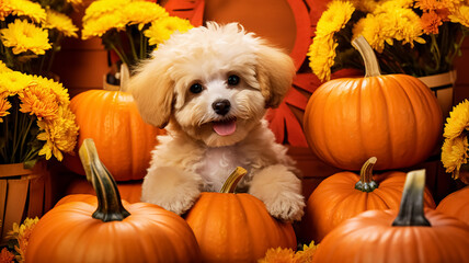 Beautiful cute puppy with pumpkins and yellow flowers. Thanksgiving background.
