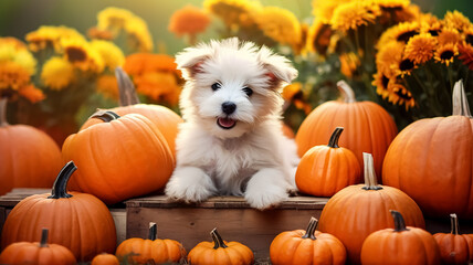 Beautiful cute puppy with pumpkins and yellow flowers. Thanksgiving background.