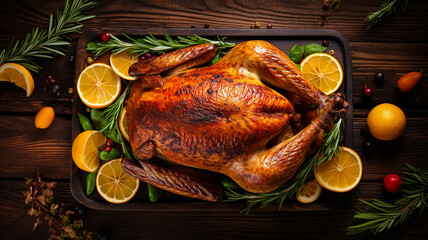 Appetizing roasted turkey with vegetables and spices on a dark blurred background. Traditional Thanksgiving dish.