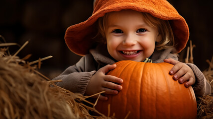 Happy cute little child holding a big pumpkin in the middle of a field at sunset in autumn. Thanksgiving Day traditional fair. Halloween.