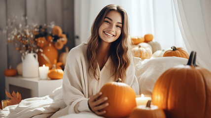 Cozy photo of a happy beautiful young woman in a bright bedroom with autumn decor, pumpkins, candles. Thanksgiving Day.