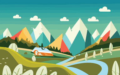 Fototapeta na wymiar Landscape of nature green forest mountain. Vector illustration in flat color cartoon style.