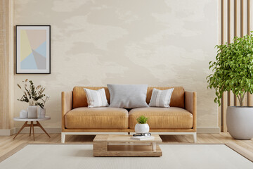 Living room wall mockup with leather sofa and decor on cream color plaster wall background - 655500159