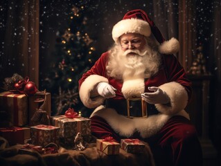 Festive Santa Claus with Gift Boxes and Tree