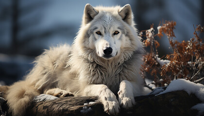 Obraz premium A cute wolf pup sitting in the snow, looking at camera generated by AI