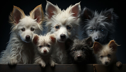 Cute puppy sitting, looking at camera, surrounded by fluffy friends generated by AI