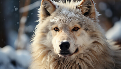 Obraz premium A cute puppy in the snow, looking at the camera generated by AI