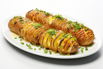 Baked hasselback potatoes with cheese and green onion isolated on white background