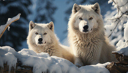 Fototapeta premium A cute Samoyed puppy playing in the snowy winter forest generated by AI
