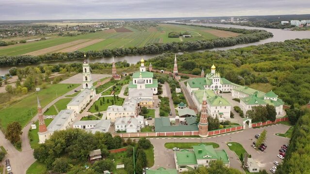 Drone view of the Epiphany Staro-Golutvin Monastery, located in a picturesque place on the outskirts of the city of Kolomna, Russia