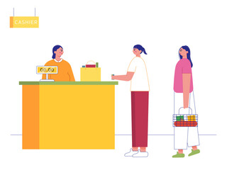 Woman carry out payment transactions in the shop. Market vector illustration. Flea market vector flat illustration