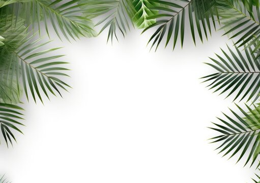 Group of green leaf frame on white. Summer palm leaves on White background, AI Generative.