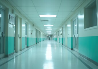 Deep hospital corridor, detail of a white corridor in a hospital, architecture and health. Long corridor with medical bed in modern hospital. AI Generative.