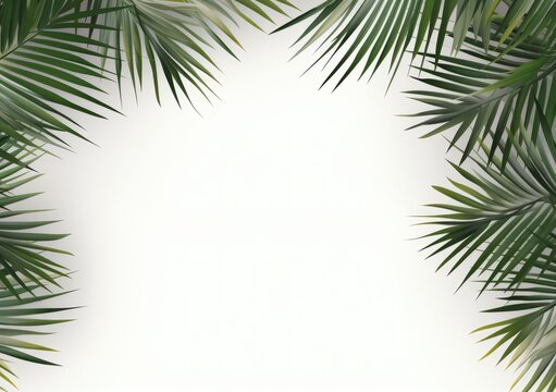 Group of green leaf frame on white. Summer palm leaves on White background, AI Generative.