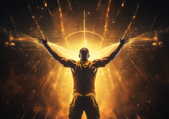Rear view of a basketball player with his arms in the air in a gymnasium. Victorious basketball player raising his arms up. Ai generative.