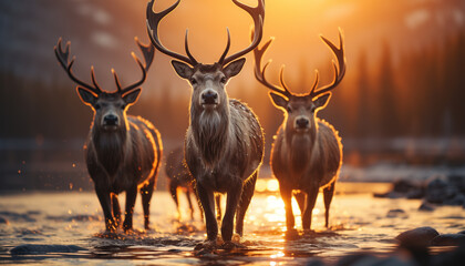 Nature beauty  deer in winter forest, backlit by sunset generated by AI