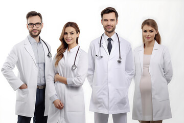Fototapeta premium Smiling female and men doctor standing with medical colleagues in a hosp. Healthcare people group. Medical technology research institute and doctor staff service concept. Generative AI.