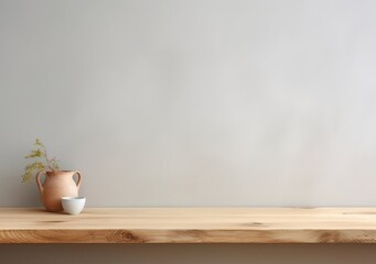 empty mockup space on a wooden tabletop against a plants on pot, minimal wooden living room as a background. AI Generative.
